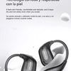 A pair of black AI Translation Bluetooth earphones resting on a white surface.