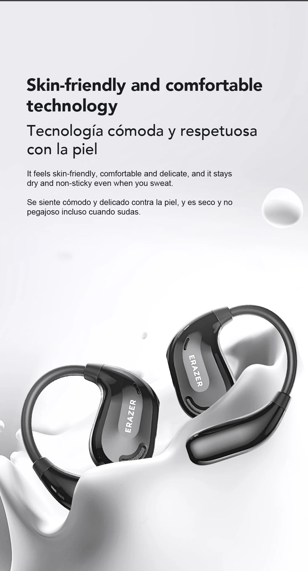 A pair of black AI Translation Bluetooth earphones resting on a white surface.
