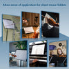 A collection of images showing various applications for sheet music folders including orchestral performance and piano playin