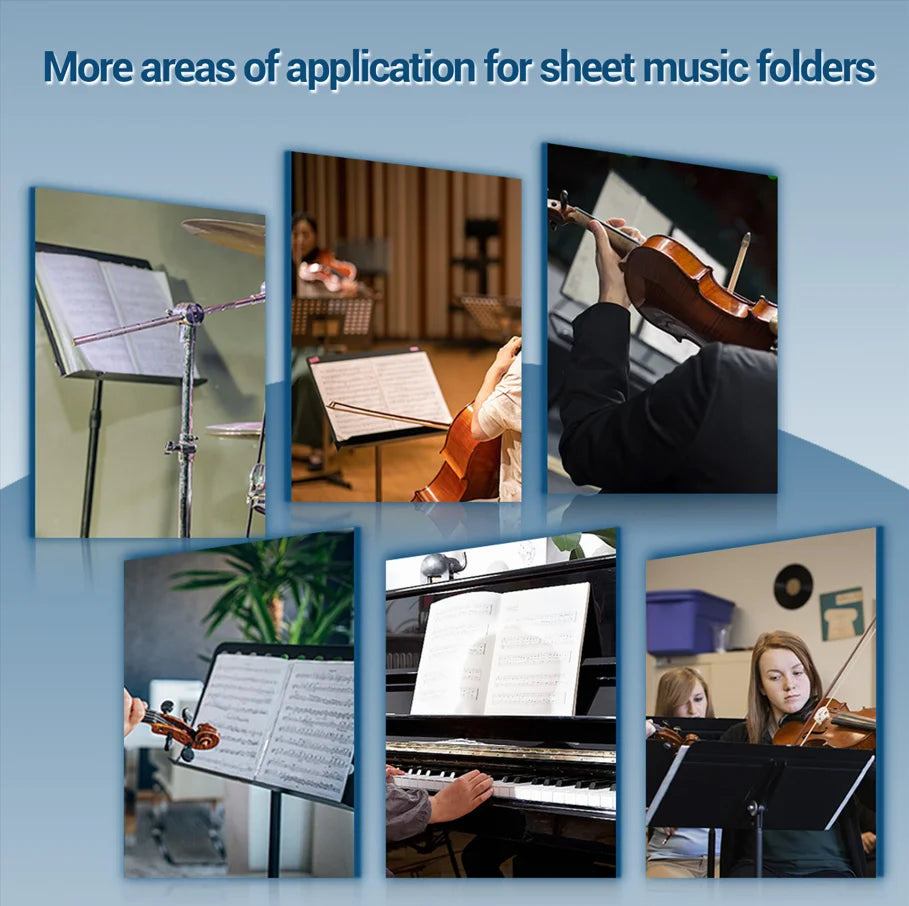 A collection of images showing various applications for sheet music folders including orchestral performance and piano playin