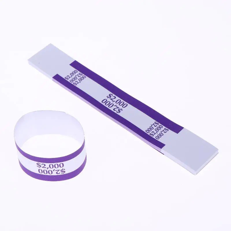 A purple self-sealing money strap is shown, with a separate strap visible below it.