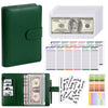 A green A6 PU leather budget binder with cash envelopes and a stack of US $100 bills.