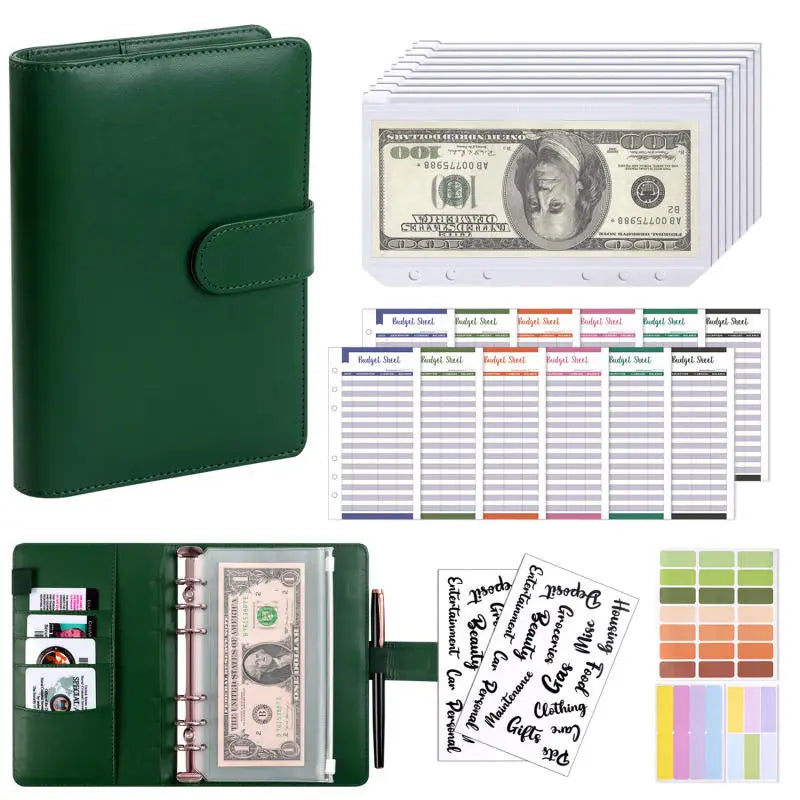 A green A6 PU leather budget binder with cash envelopes and a stack of US $100 bills.