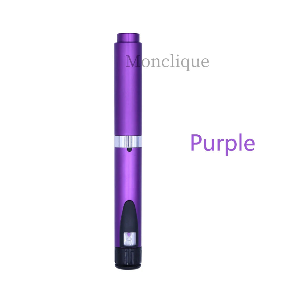 A purple Monclique reusable metal injection pen shown vertically.