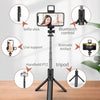 A black selfie stick tripod with a smartphone mount, featuring Bluetooth control, live support, and a tripod stand.