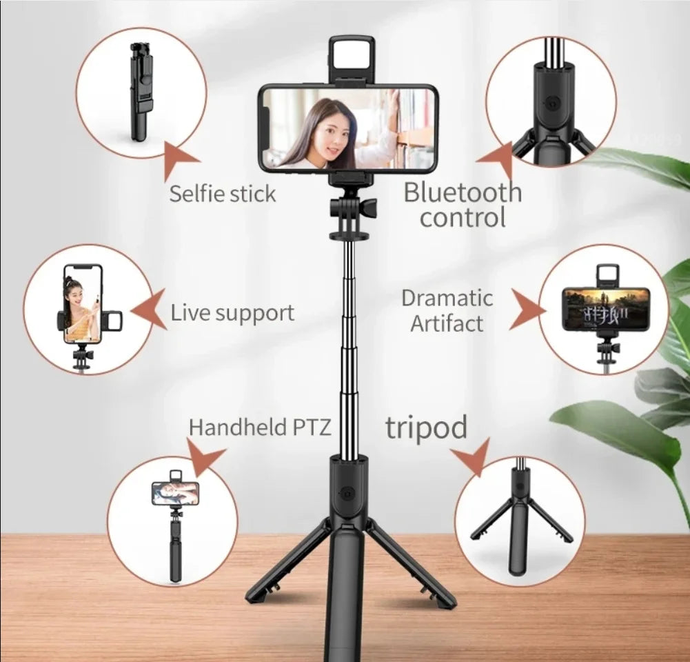 A black selfie stick tripod with a smartphone mount, featuring Bluetooth control, live support, and a tripod stand.