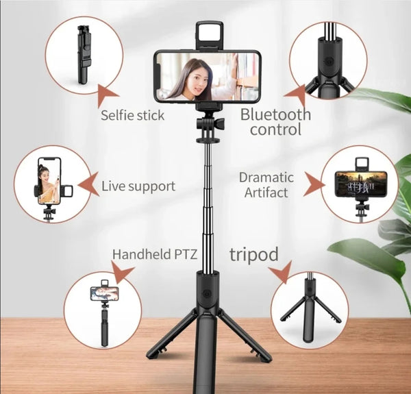 A black selfie stick tripod with a smartphone mount, featuring Bluetooth control, live support, and a tripod stand.