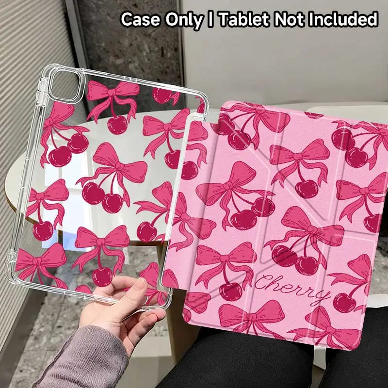 Pink cherry Y-fold protective cover for an iPad featuring a pattern of pink bows and cherries.