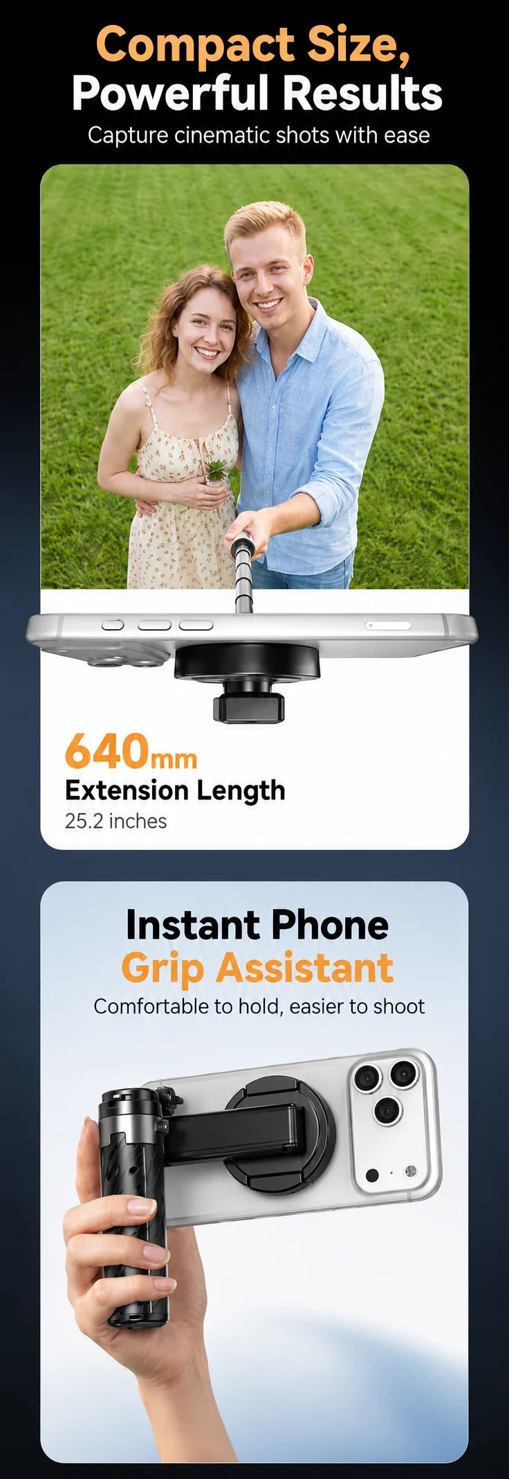 Eine Hand hält einen silbernen magnetischen Selfie-Stick-Handyhalter, der zur Aufnahme filmischer Aufnahmen konzipiert ist.