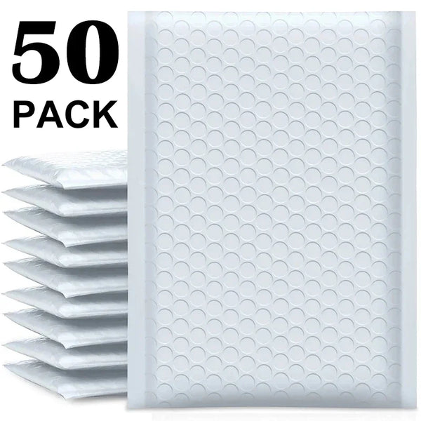 Fifty pack of self-sealing pearl film bubble shipping bags stacked and displayed.