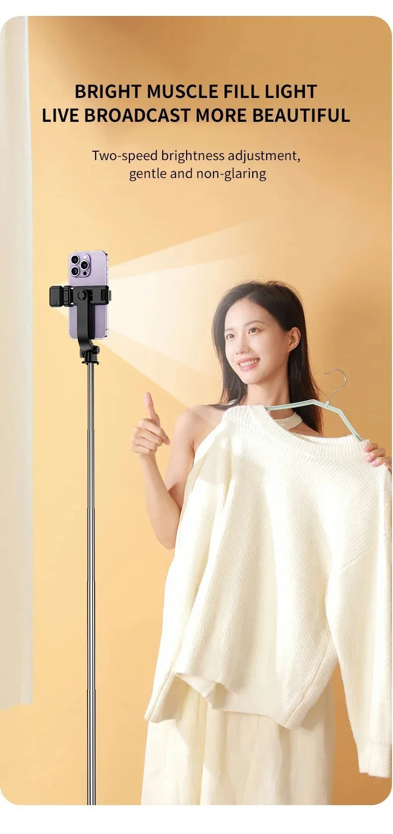 A woman wearing a white top is positioned next to an ultra-long selfie stick with a built-in light, demonstrating its use.