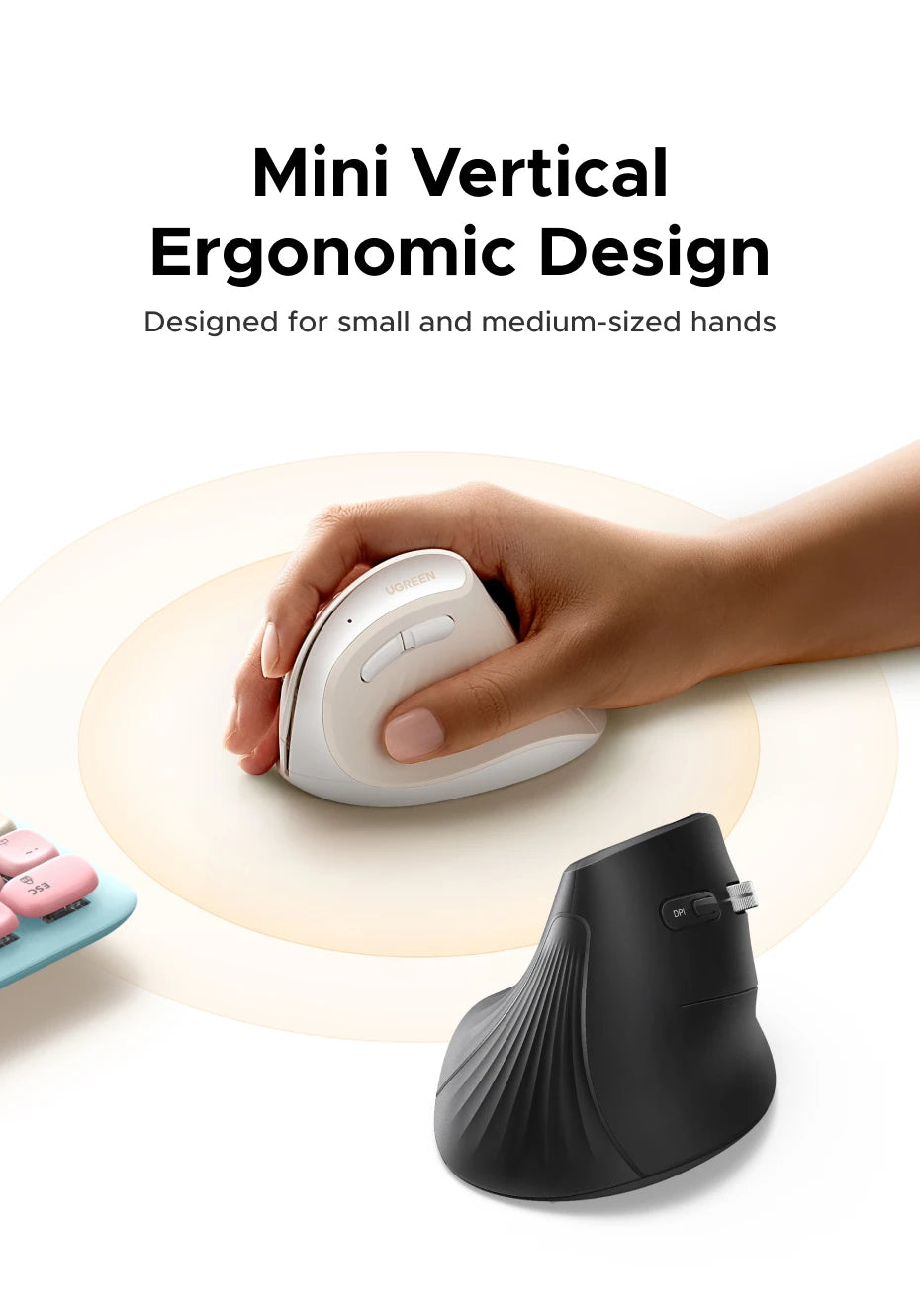 A hand is holding a white ergonomic vertical wireless mouse above a light-colored surface.