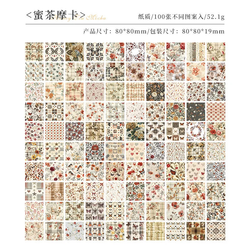 A grid display of vintage floral square scrapbook paper patterns in various muted tones and textures.