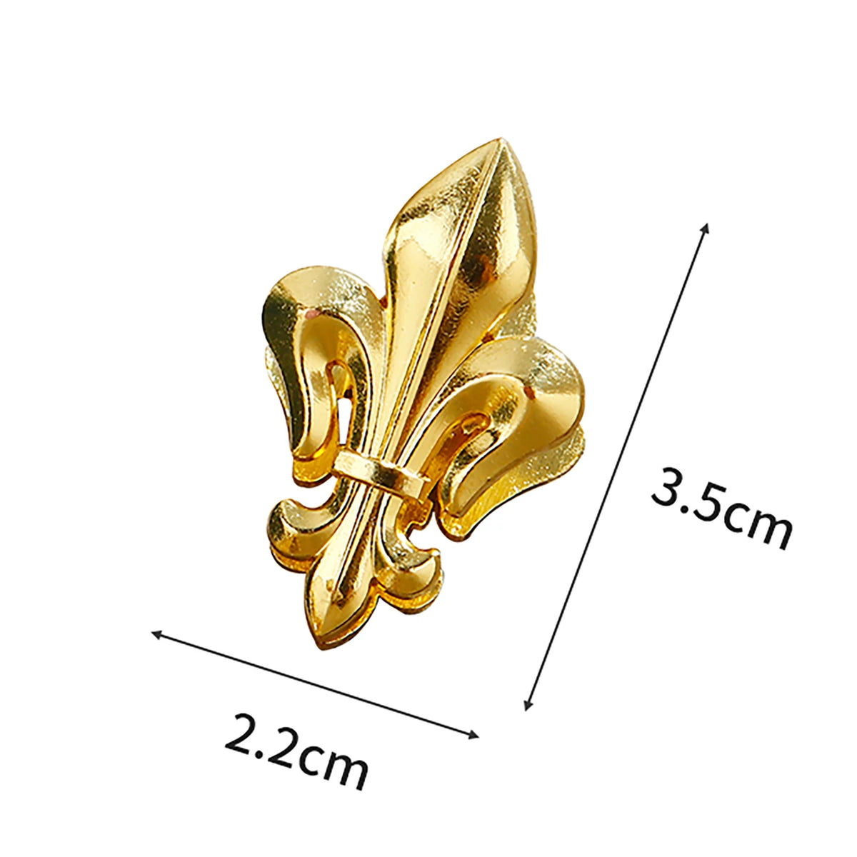 Gold-colored decorative iris-shaped metal binder clips shown with dimensions of 3.5cm by 2.2cm