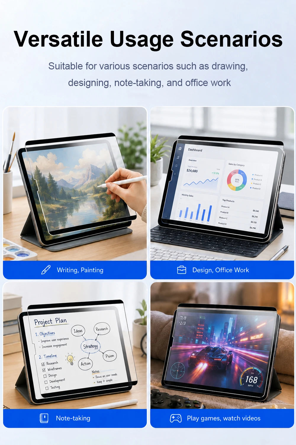 Una tableta mostrando diversos escenarios de uso como dibujo, diseño, toma de notas y trabajo de oficina.