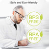 A man in a lab coat is writing on paper with glasses, next to text emphasizing safe and eco-friendly BPA free and BPS free pr