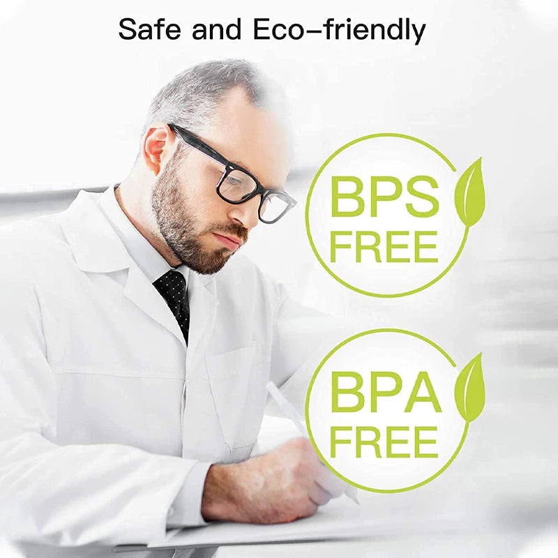 A man in a lab coat is writing on paper with glasses, next to text emphasizing safe and eco-friendly BPA free and BPS free pr