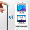 A black stylus pen is shown next to features demonstrating a shortcut button, double tap function, and battery level display.