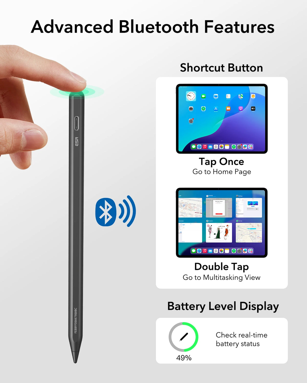 A black stylus pen is shown next to features demonstrating a shortcut button, double tap function, and battery level display.