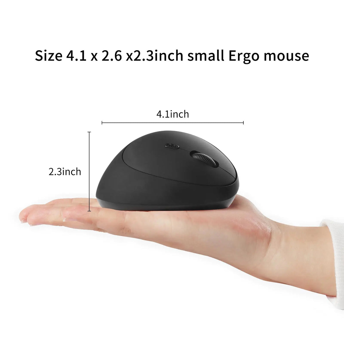 A black small Ergo mouse is shown resting on a person's hand.