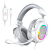 A white FIFINE RGB gaming headset with padded earcups and a microphone is shown alongside its charging cable.