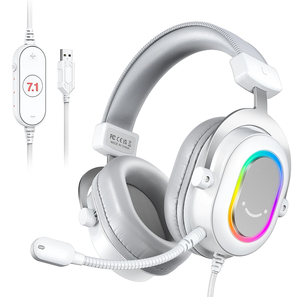 A white FIFINE RGB gaming headset with padded earcups and a microphone is shown alongside its charging cable.