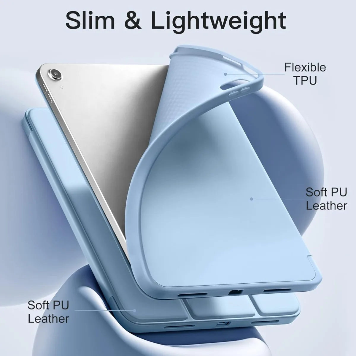 A light blue premium TPU protective case for an iPad, shown in an open, angled view.
