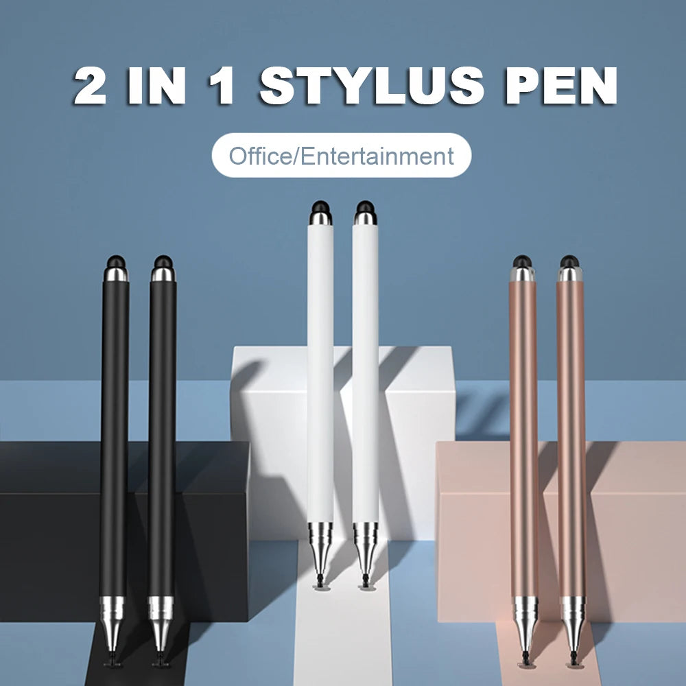 Un juego de dos bolígrafos stylus 2 en 1, en negro y oro rosa, mostrados contra un fondo azul claro.