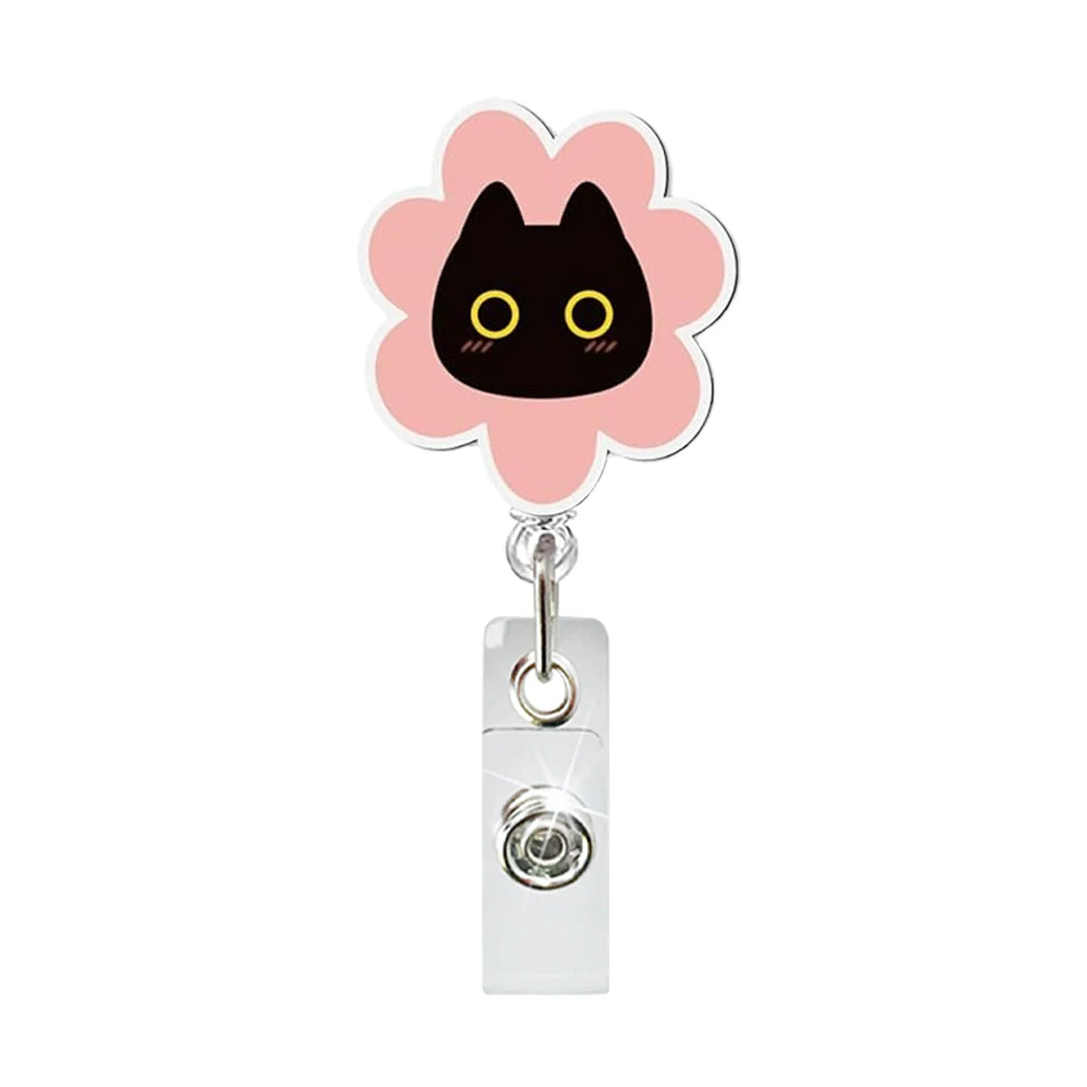 Pink flower shaped acrylic ID badge holder with a black cat charm and crocodile clip.