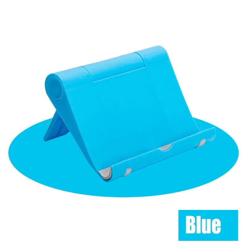 A blue flexible multi-angle tablet and phone desk stand.