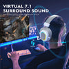 A person wearing a gaming headset is playing a game on a monitor, with visual effects indicating virtual surround sound.