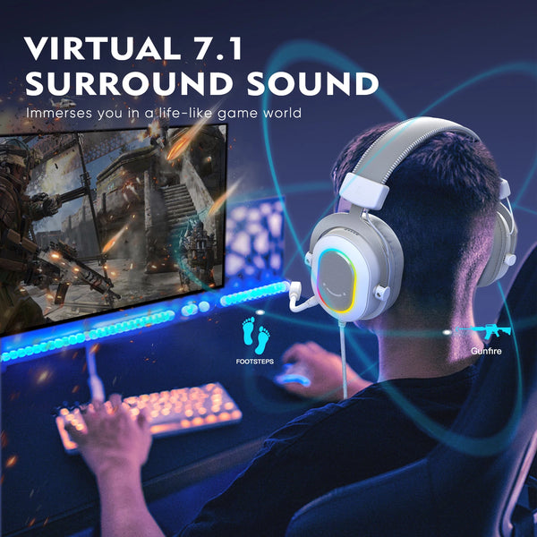 A person wearing a gaming headset is playing a game on a monitor, with visual effects indicating virtual surround sound.