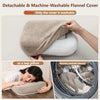 Detachable and machine-washable flannel cover for a phone or tablet stand, shown as a cover and in a washing machine.