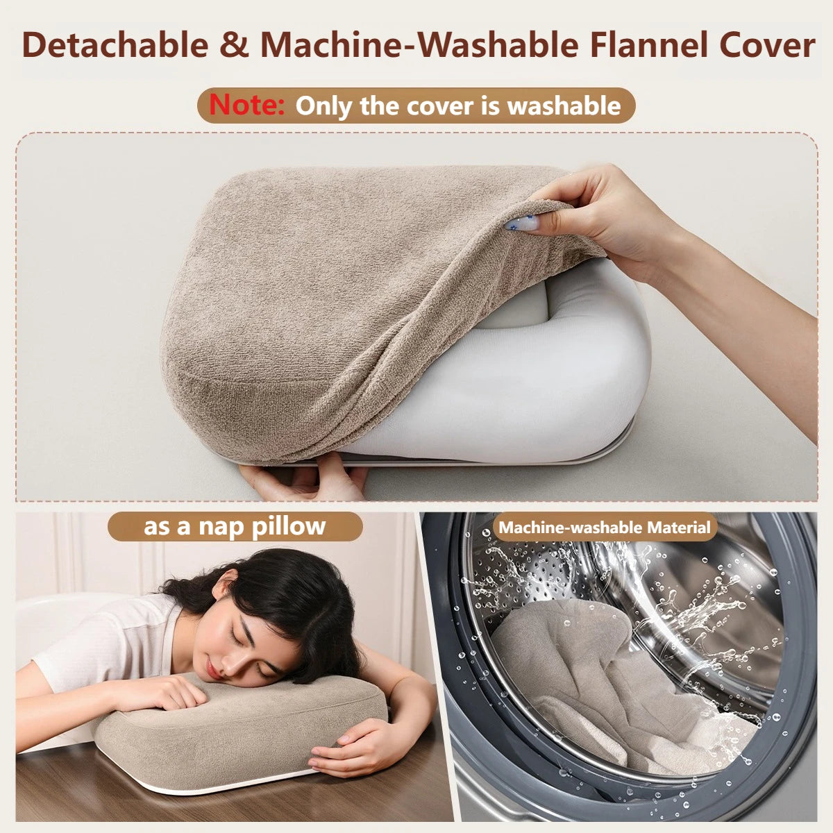 Detachable and machine-washable flannel cover for a phone or tablet stand, shown as a cover and in a washing machine.