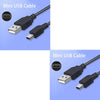 A close-up view of a black Mini USB cable with a standard USB connector and a proprietary plug.