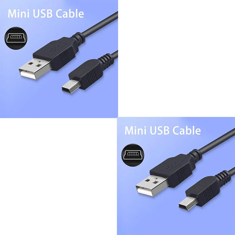 A close-up view of a black Mini USB cable with a standard USB connector and a proprietary plug.
