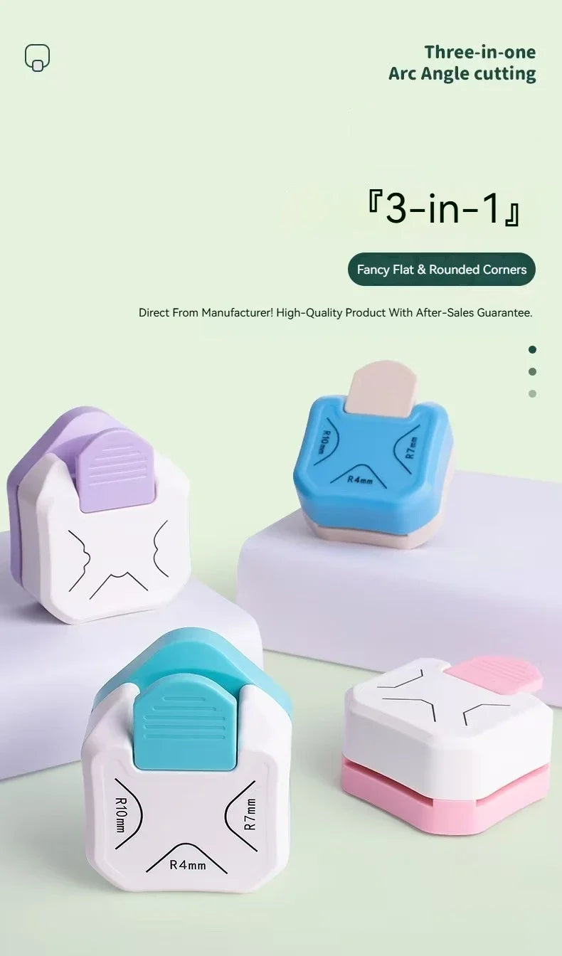 Three-in-one Arc Angle cutting tool with various round and flat corners shown in different colors
