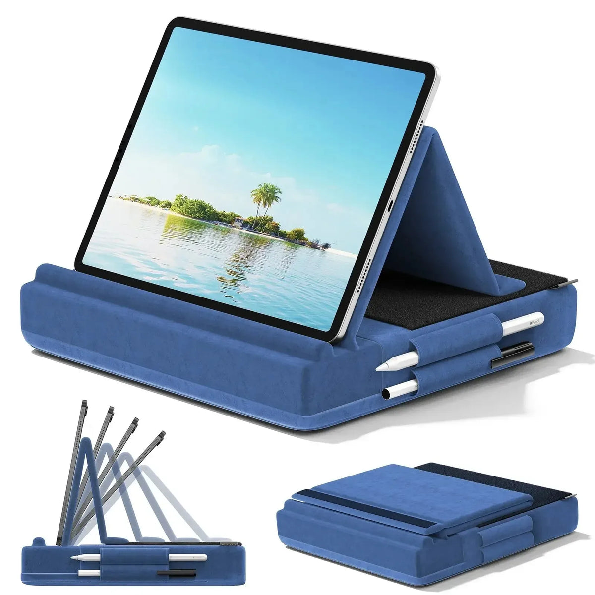 A blue foldable tablet pillow stand with a screen displaying a tropical scene and stylus holders.