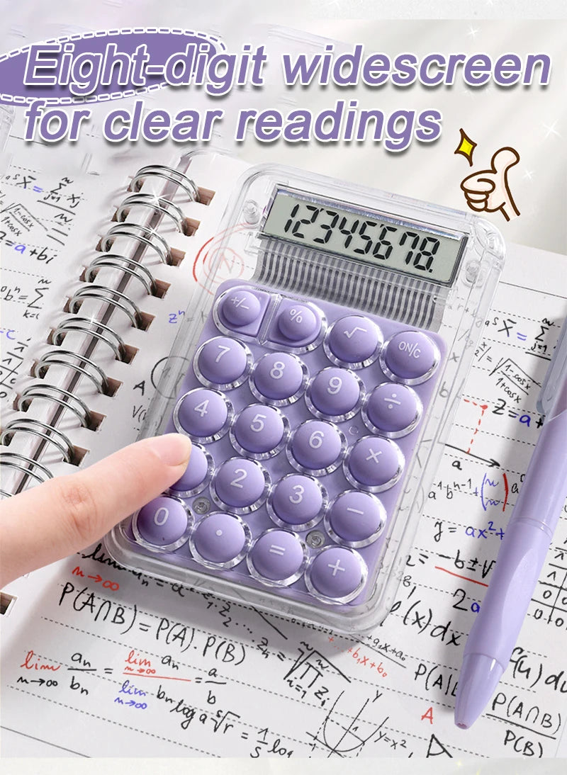 A clear plastic 8-digit wide screen calculator with purple buttons and scientific functions resting on a sheet of paper.