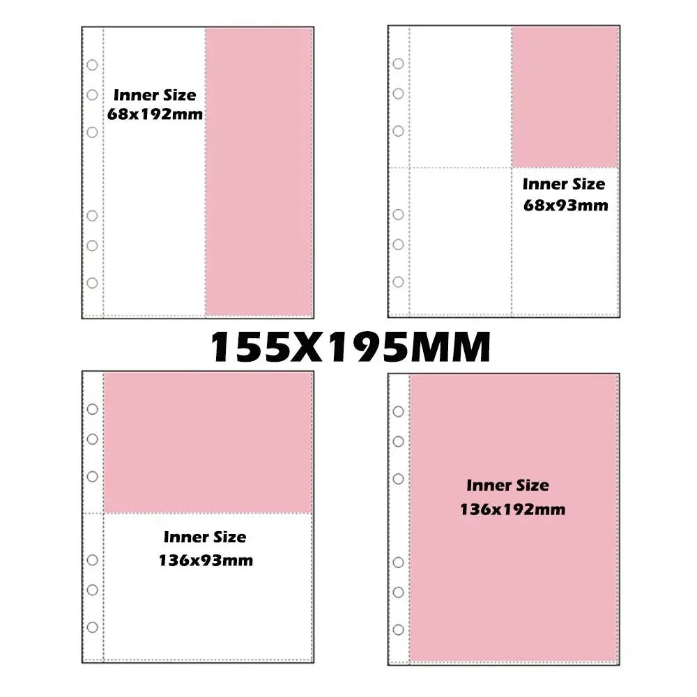 A set of pink A5 transparent photo card binder sleeves with various inner sizes shown side by side.