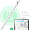 A white precision stylus pen with an ESR logo and charging connectors is shown next to an iPad displaying a map interface.