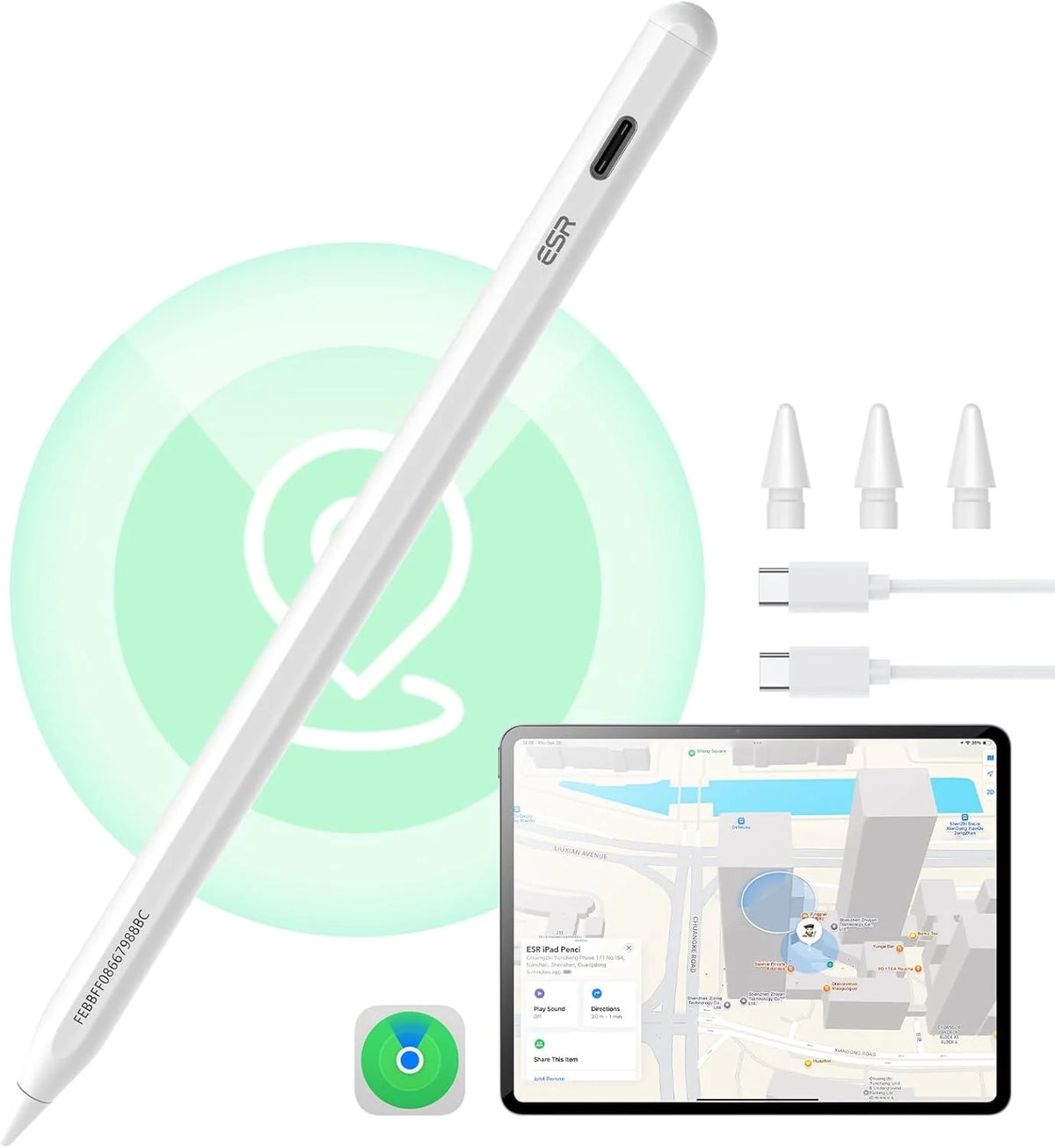 A white precision stylus pen with an ESR logo and charging connectors is shown next to an iPad displaying a map interface.