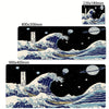 A set of three illustrations depicting The Great Wave of Kanagawa in blue and white on a black background.