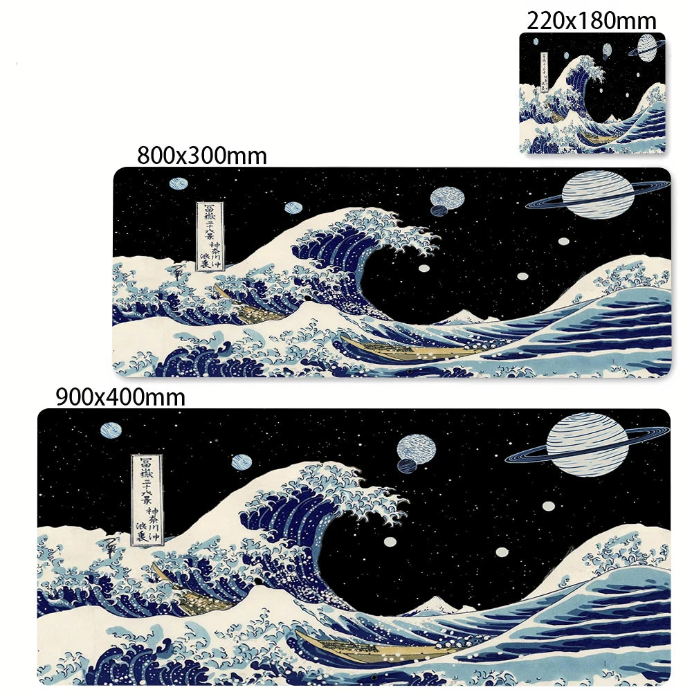 A set of three illustrations depicting The Great Wave of Kanagawa in blue and white on a black background.