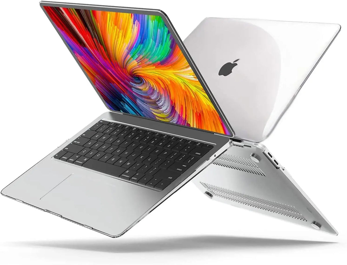 Silver MacBook Air with a clear hard shell case shown open displaying the colorful Apple logo