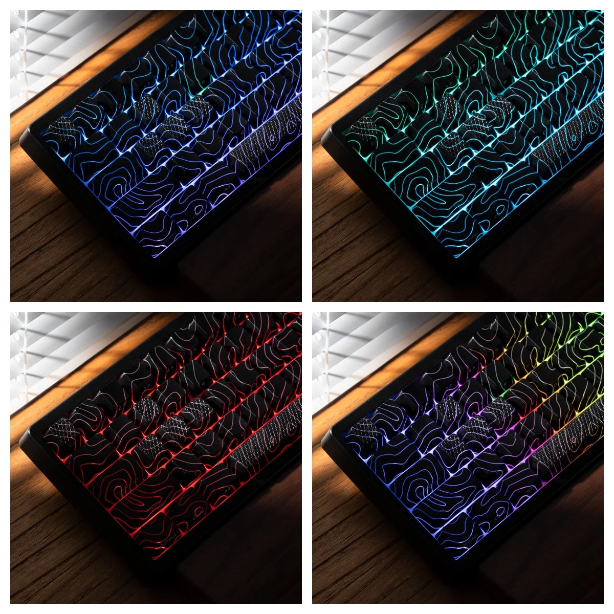 Close-up view of a mechanical keyboard with customizable RGB lighting patterns displayed in three different colors.
