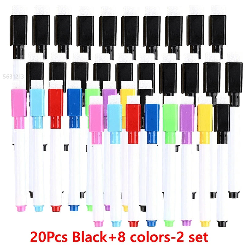 A set of 20 dry erase markers in black and eight other colors with magnetic erasers