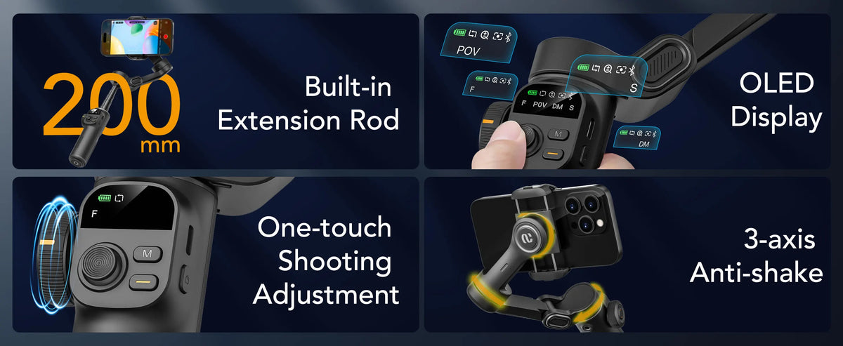 A portable smartphone gimbal stabilizer showing features like a built-in extension rod, OLED display, one-touch shooting adju