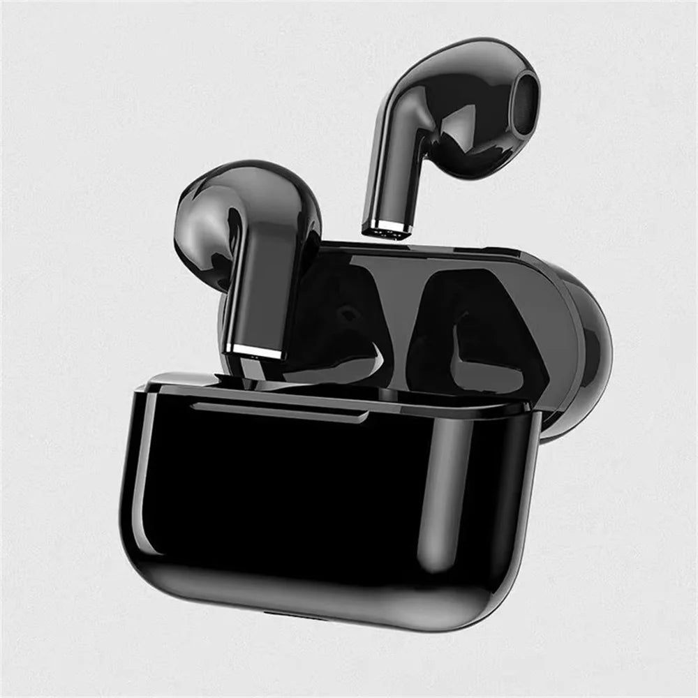 A black True Wireless Earbuds with a charging case and earbuds shown against a light gray background.