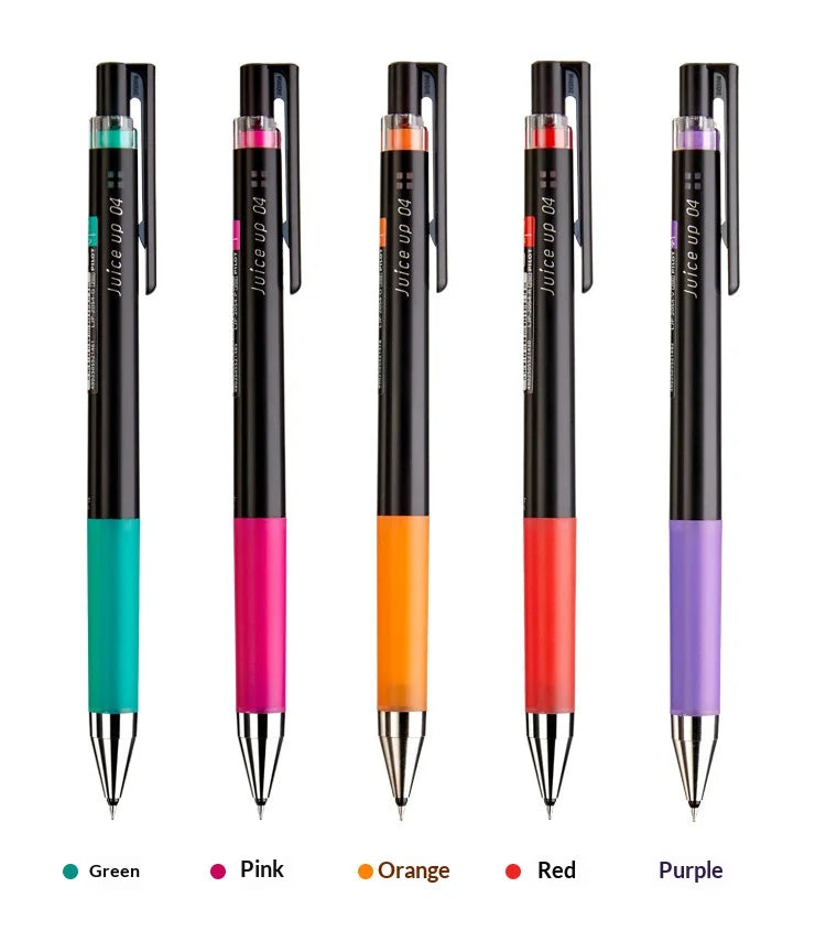 A set of five Pilot Juice Up fine point gel pens in green, pink, orange, red, and purple.